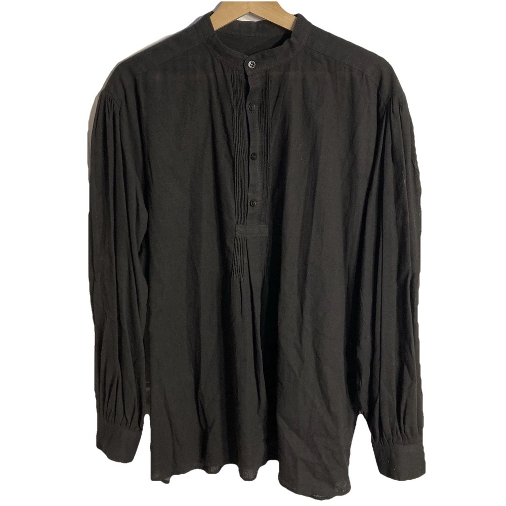Vtg J Peterman Band Collar Pintuck Ruffle Henley Poets Shirt Mens Medium Black